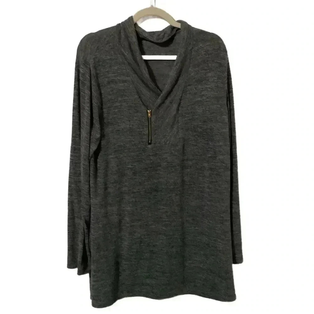 Coeur de Vague Heather  1/4 Zip Foldover Cowl Neck Gray Sweater